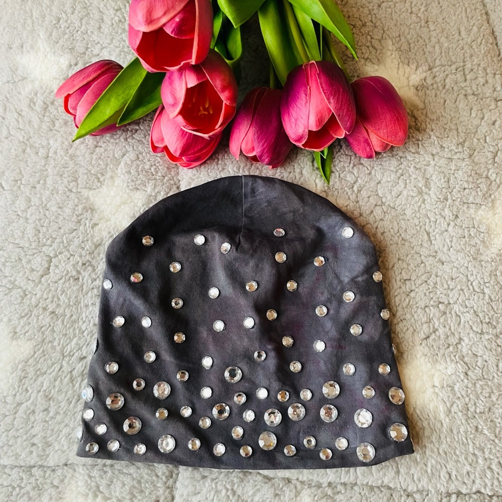 Upcycled Grey Tie Dye Rhinestone Bling Bedazzled Knit Hat